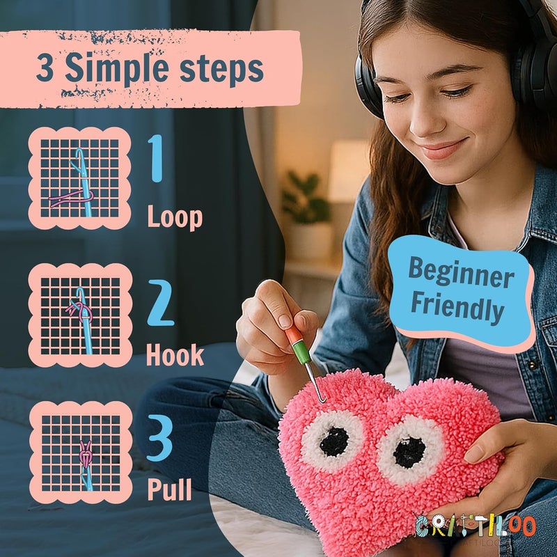 CRAFTILOO Latch Hook Kit for Kids Rug DIY Pillow Craft with Hook, Precut Yarn, Easy to Follow Pattern Cute Designs with Googley Eyes Heart Ages 6+ - Image 4